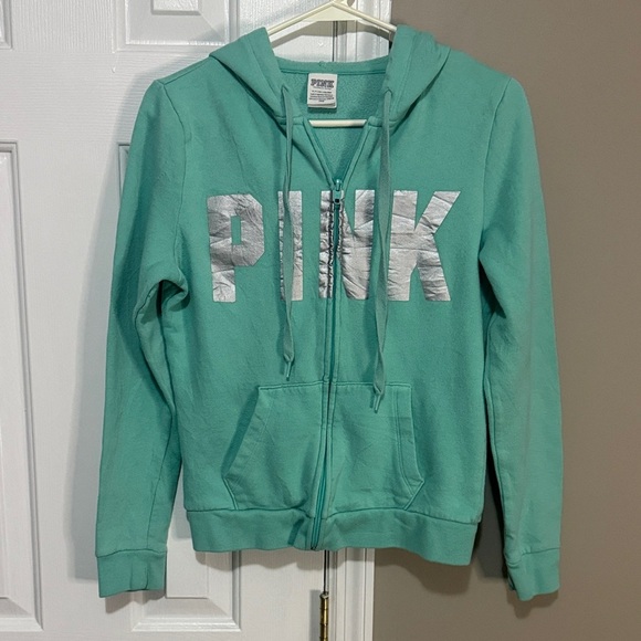 PINK Victoria's Secret Tops - PINK Victoria's Secret Teal Hoodie with Silver Logo size small